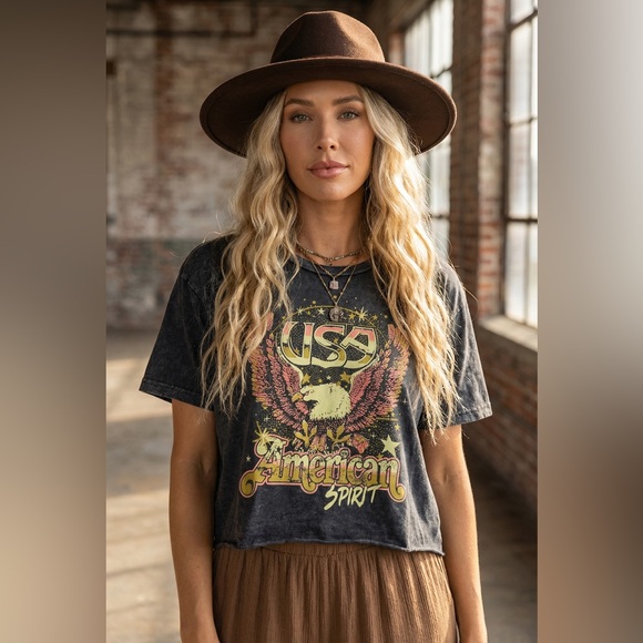 NWT Country Deep American Spirit USA Americana Graphic Crop Top Cropped Tee - Picture 10 of 11